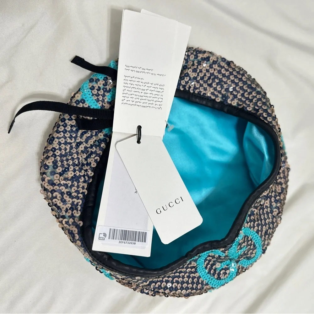NWT Gucci Sequin Beret in Black and Teal genuine leather hem size M - Picture 5 of 9